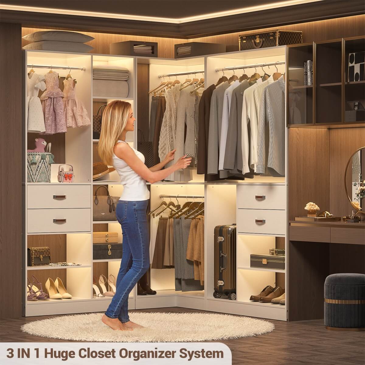 Freestanding Closet System Set of 3, 110 Inch L Shaped Wardrobe Closet for Clsoet, Bedroom, Reversible, Load 2500 LBS