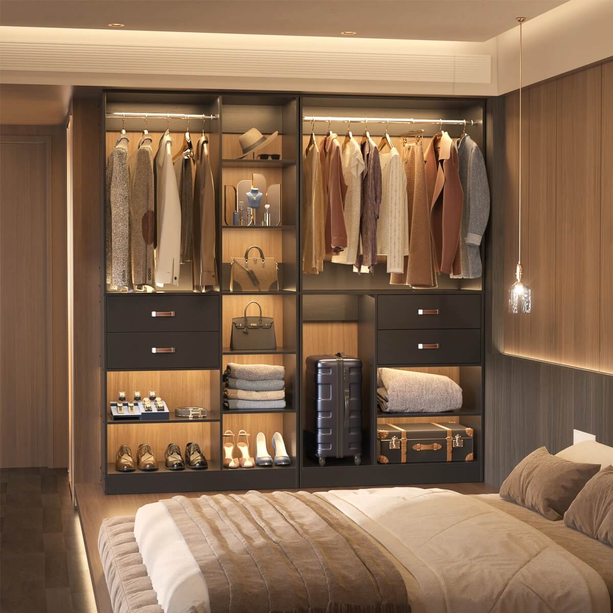 40 Inch Freestanding Closet System with Suitcase Storage, Drawersm, and Haning Rods