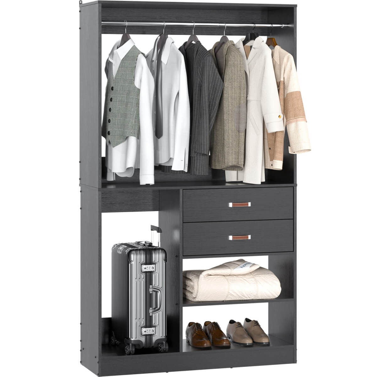 40 Inch Freestanding Closet System with Suitcase Storage, Drawersm, and Haning Rods