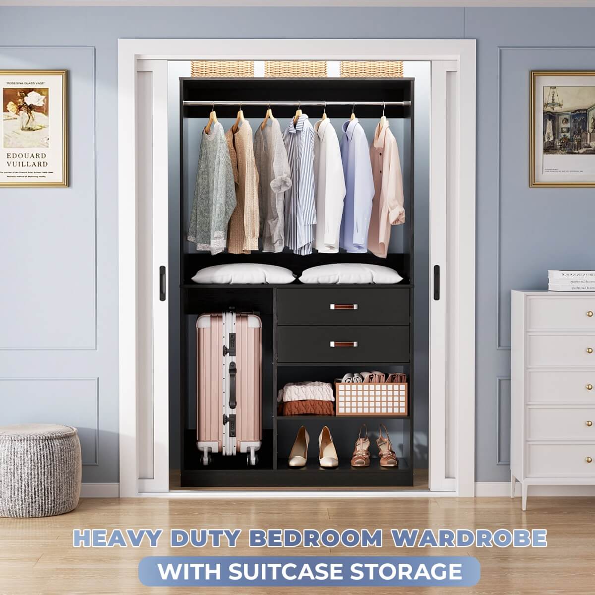 40 Inch Freestanding Closet System with Suitcase Storage, Drawersm, and Haning Rods
