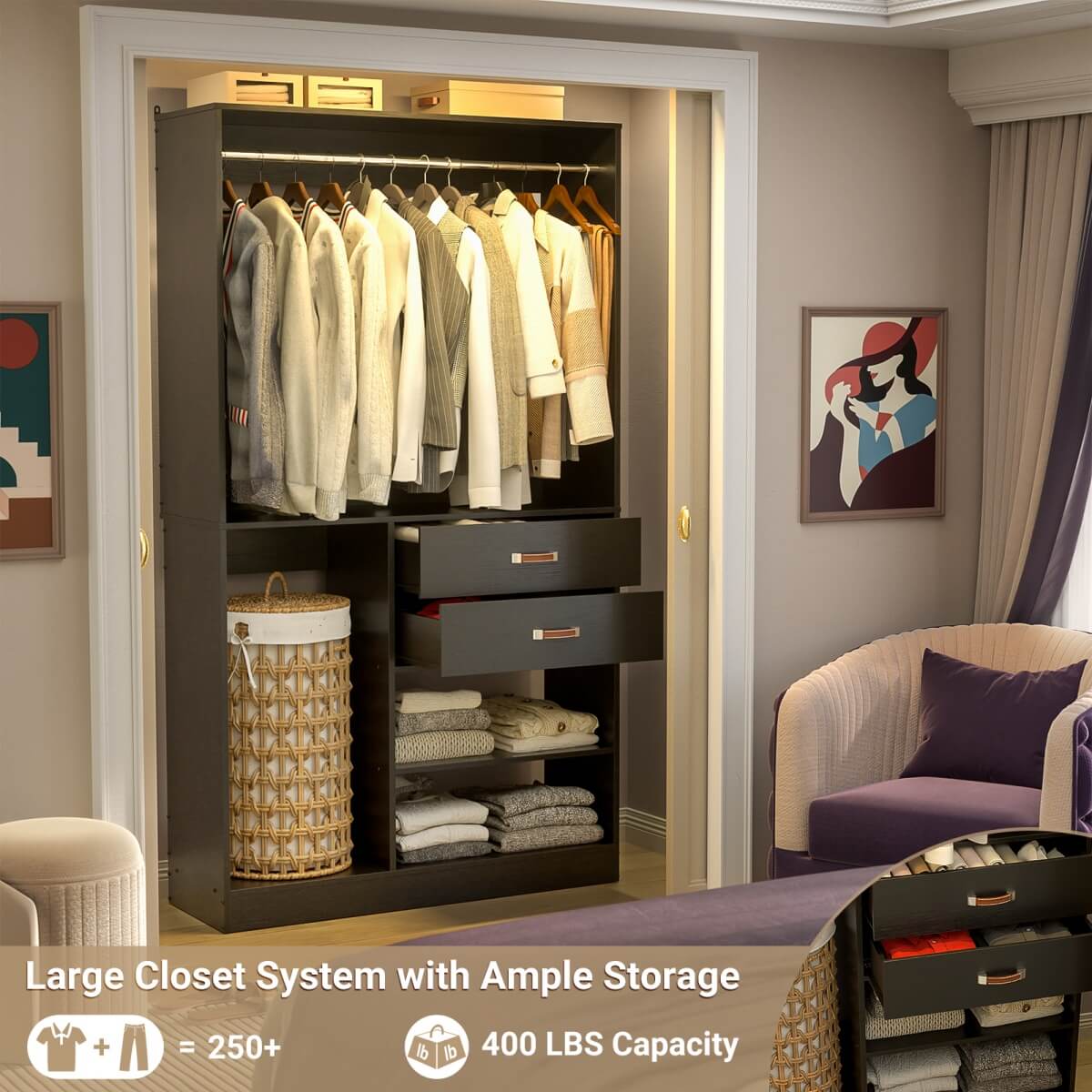 40 Inch Freestanding Closet System with Suitcase Storage, Drawersm, and Haning Rods
