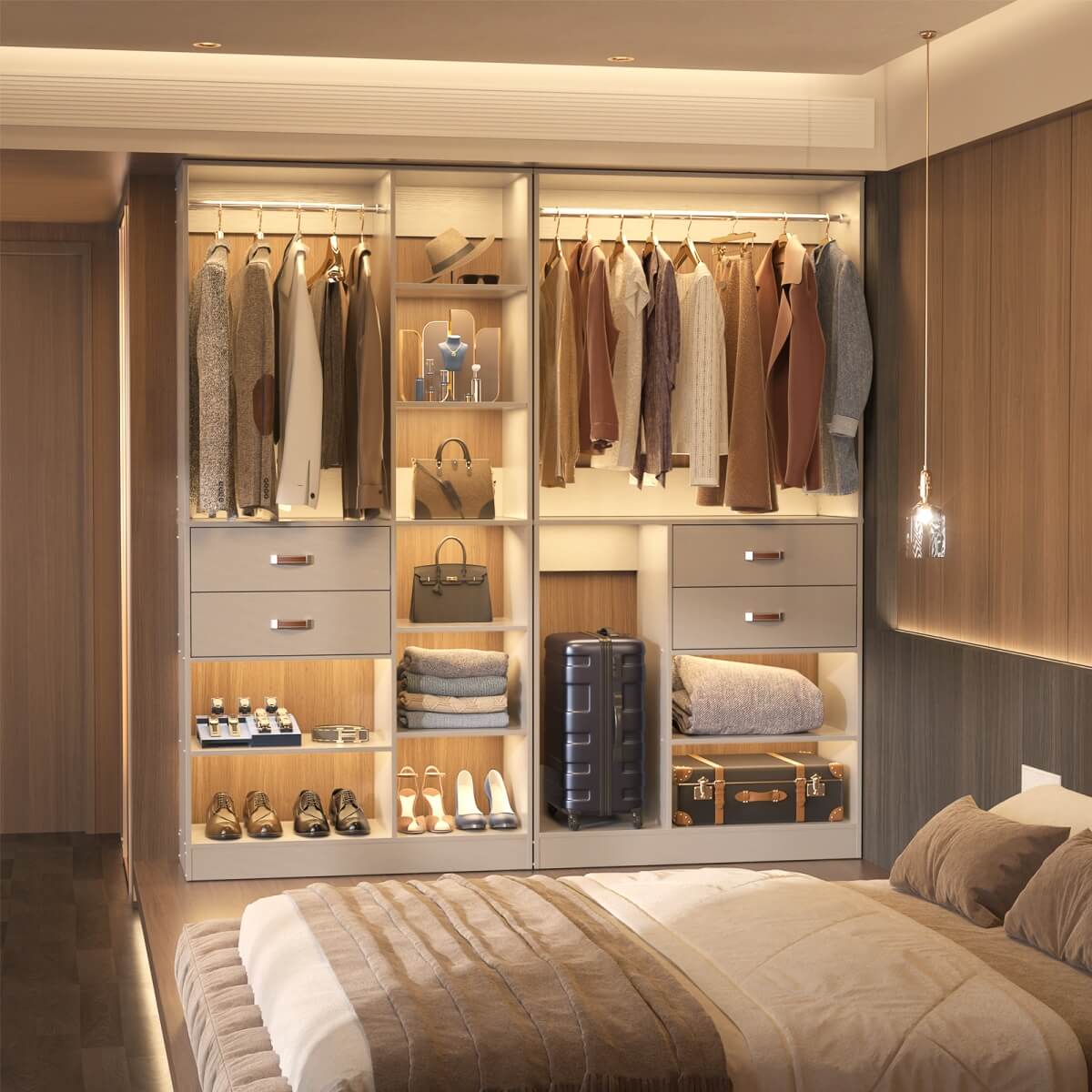40 Inch Freestanding Closet System with Suitcase Storage, Drawersm, and Haning Rods