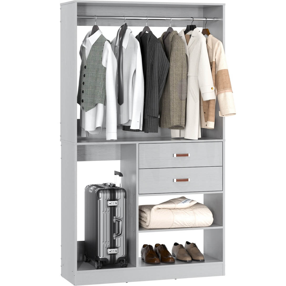 40 Inch Freestanding Closet System with Suitcase Storage, Drawersm, and Haning Rods