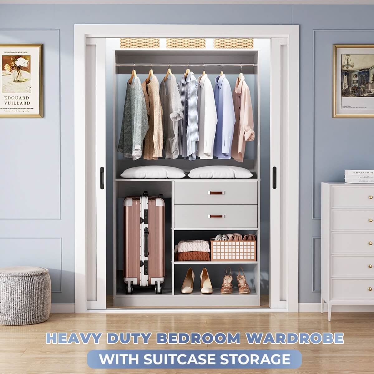 40 Inch Freestanding Closet System with Suitcase Storage, Drawersm, and Haning Rods