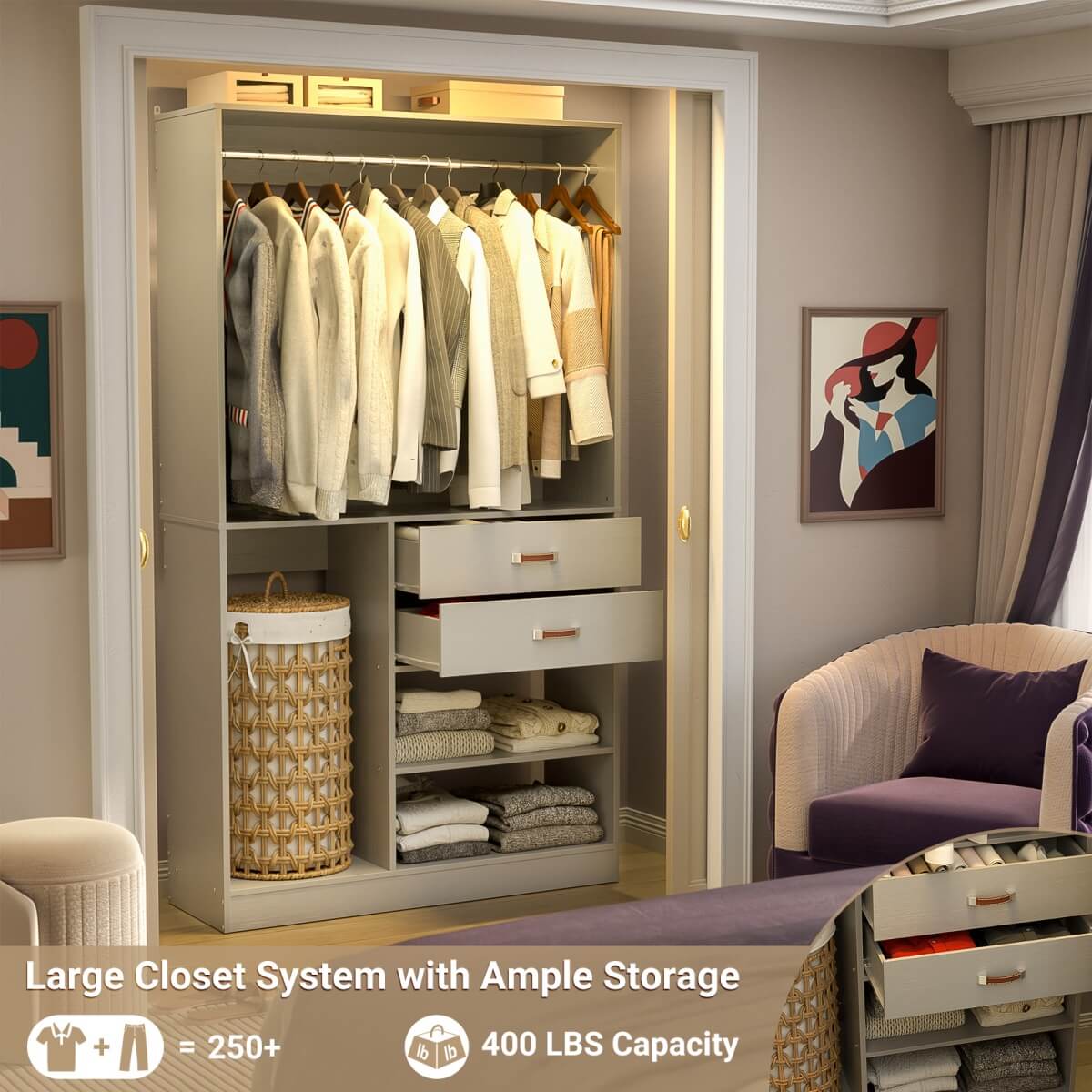 40 Inch Freestanding Closet System with Suitcase Storage, Drawersm, and Haning Rods