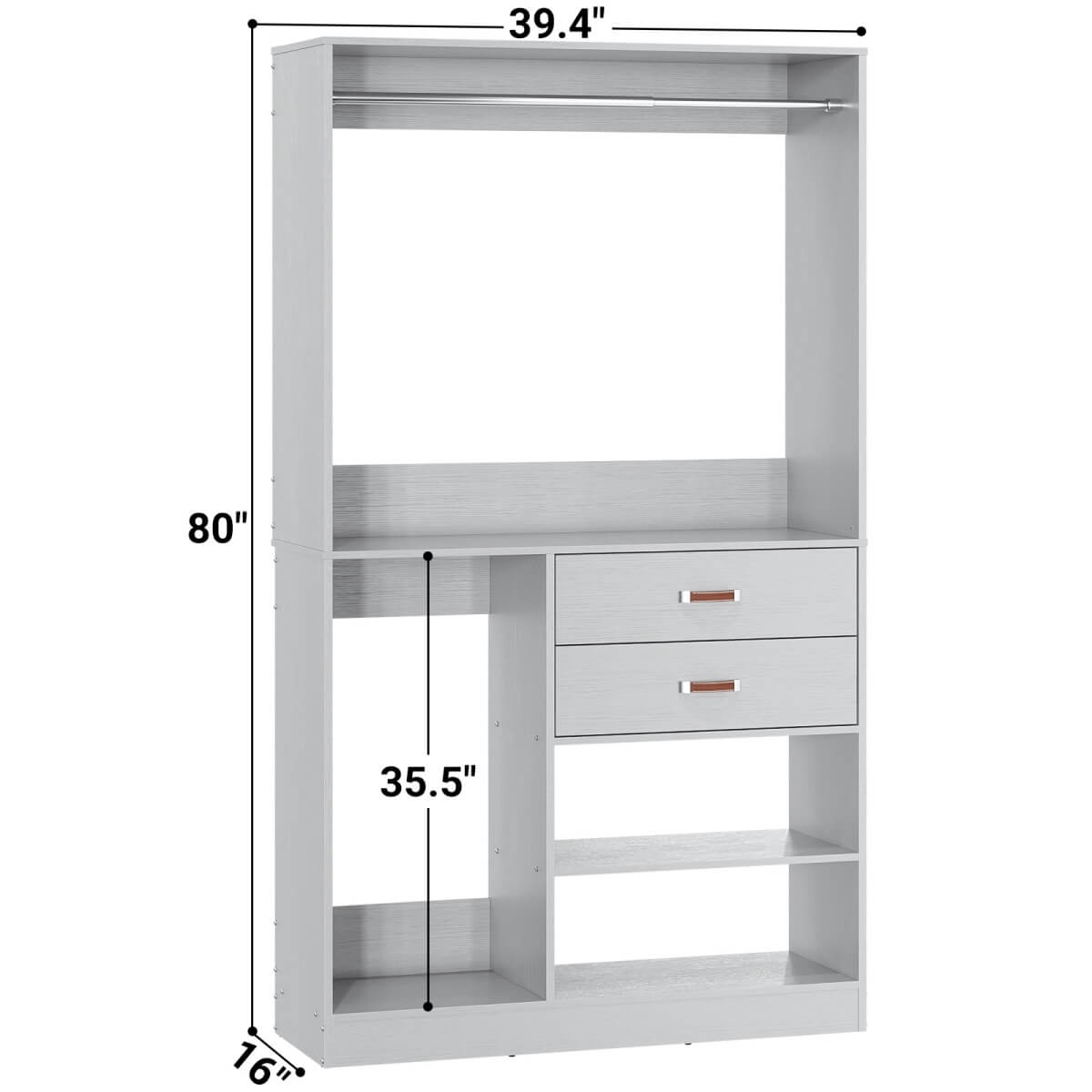 40 Inch Freestanding Closet System with Suitcase Storage, Drawersm, and Haning Rods
