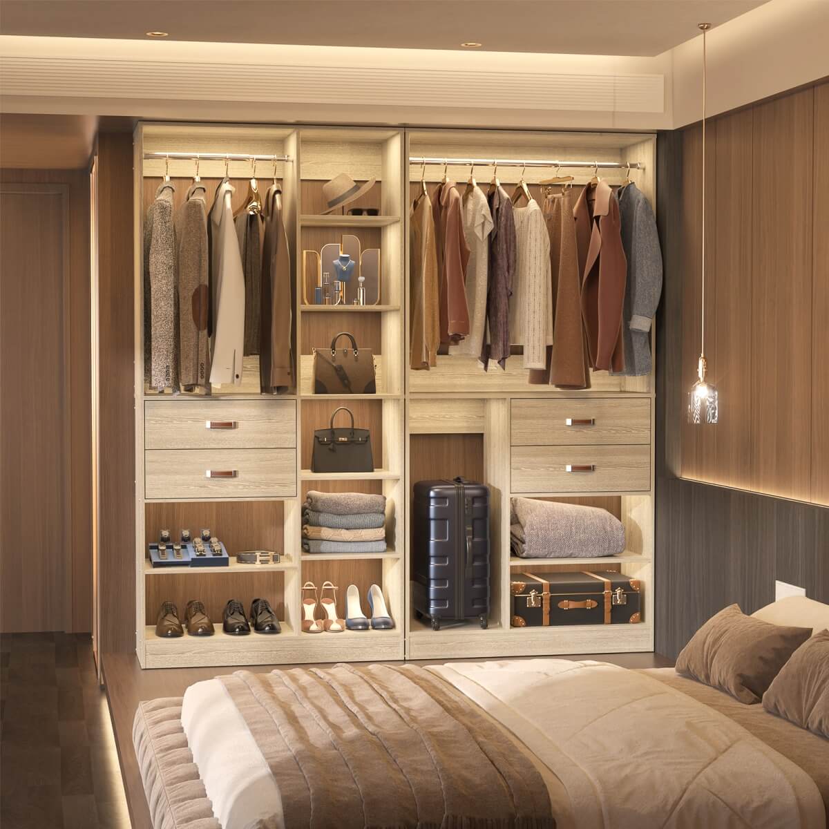 40 Inch Freestanding Closet System with Suitcase Storage, Drawersm, and Haning Rods