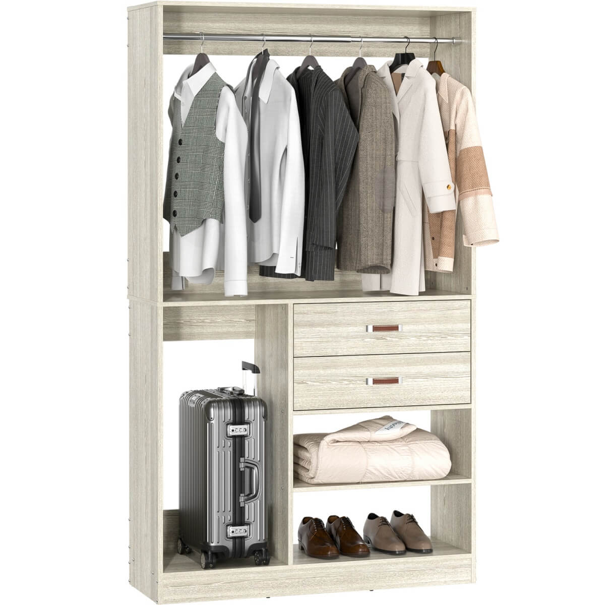 40 Inch Freestanding Closet System with Suitcase Storage, Drawersm, and Haning Rods