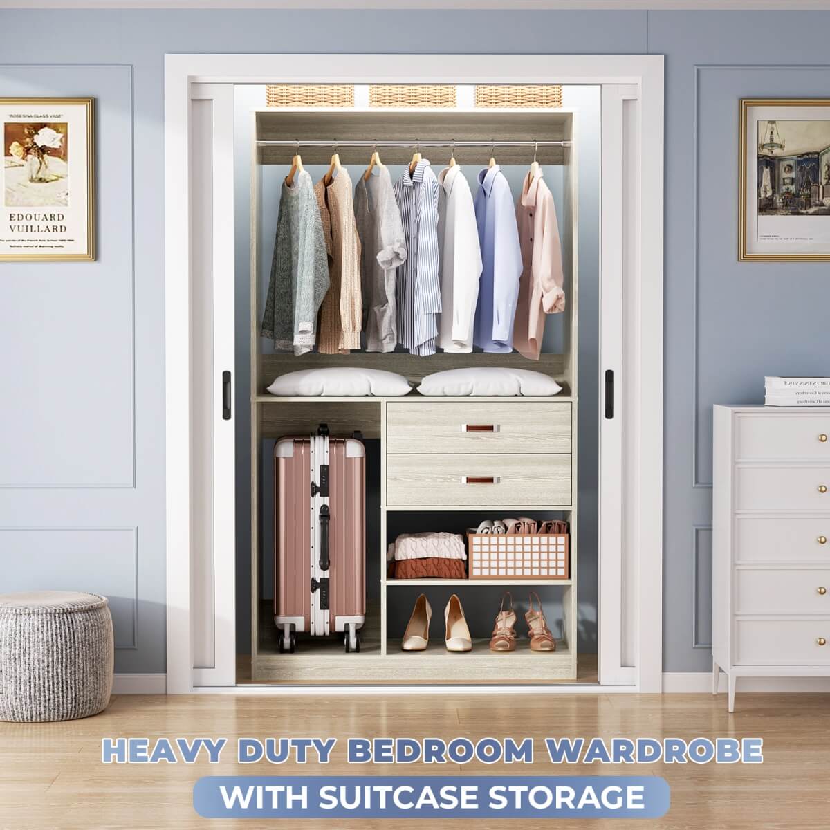 40 Inch Freestanding Closet System with Suitcase Storage, Drawersm, and Haning Rods