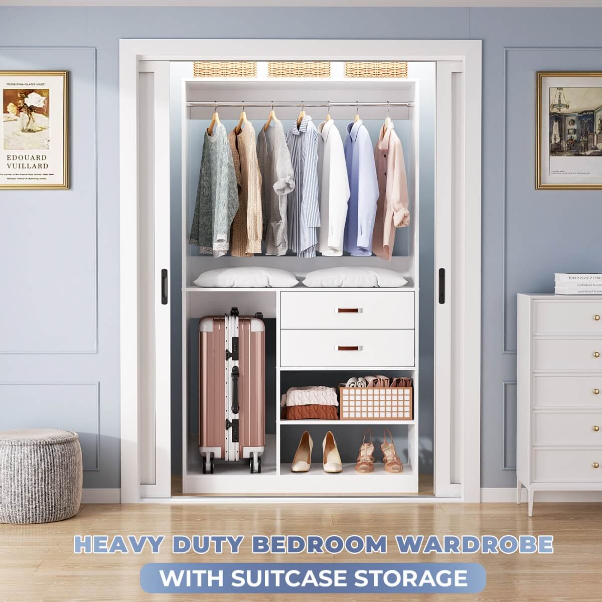 40 Inch Freestanding Closet System with Suitcase Storage, Drawersm, and Haning Rods