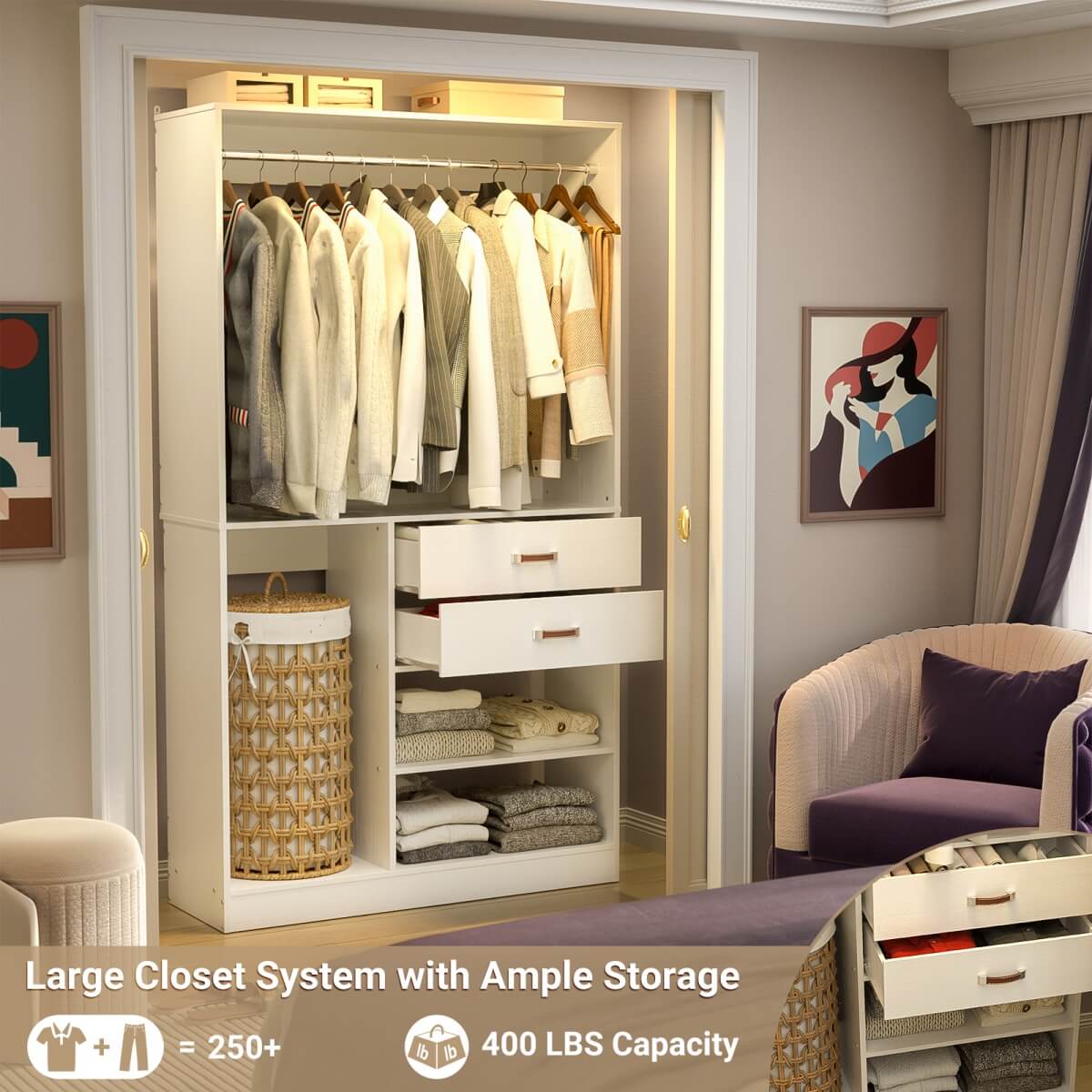 40 Inch Freestanding Closet System with Suitcase Storage, Drawersm, and Haning Rods