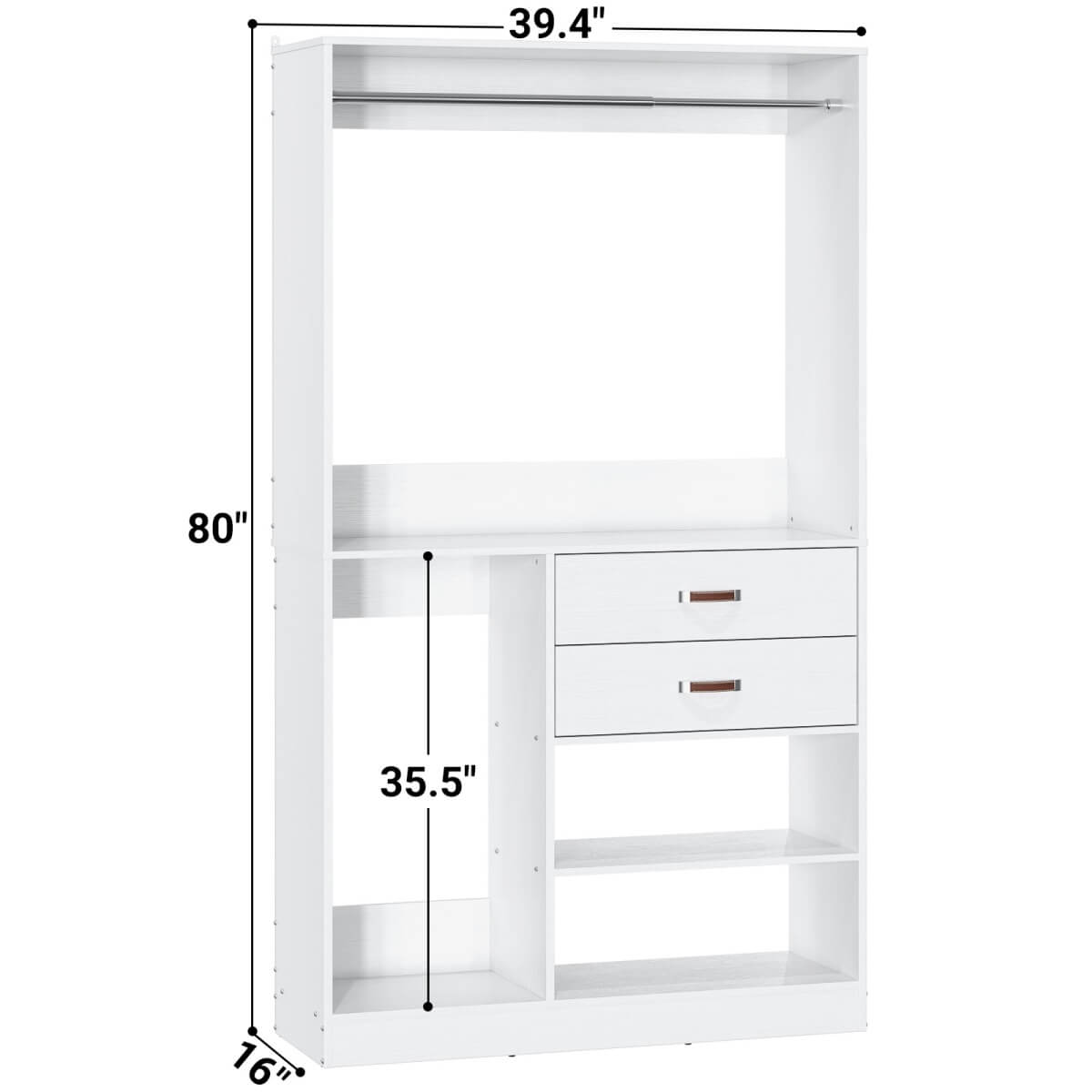 40 Inch Freestanding Closet System with Suitcase Storage, Drawersm, and Haning Rods