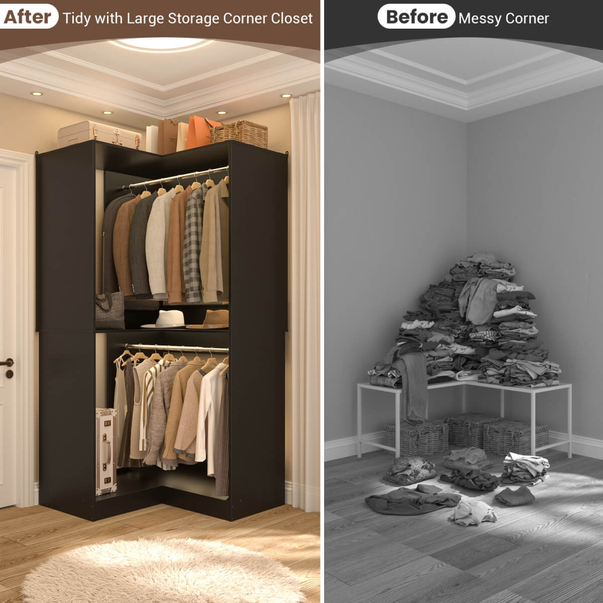 32'' Corner Closet System with 2 Hanging Rods and Open Shelves