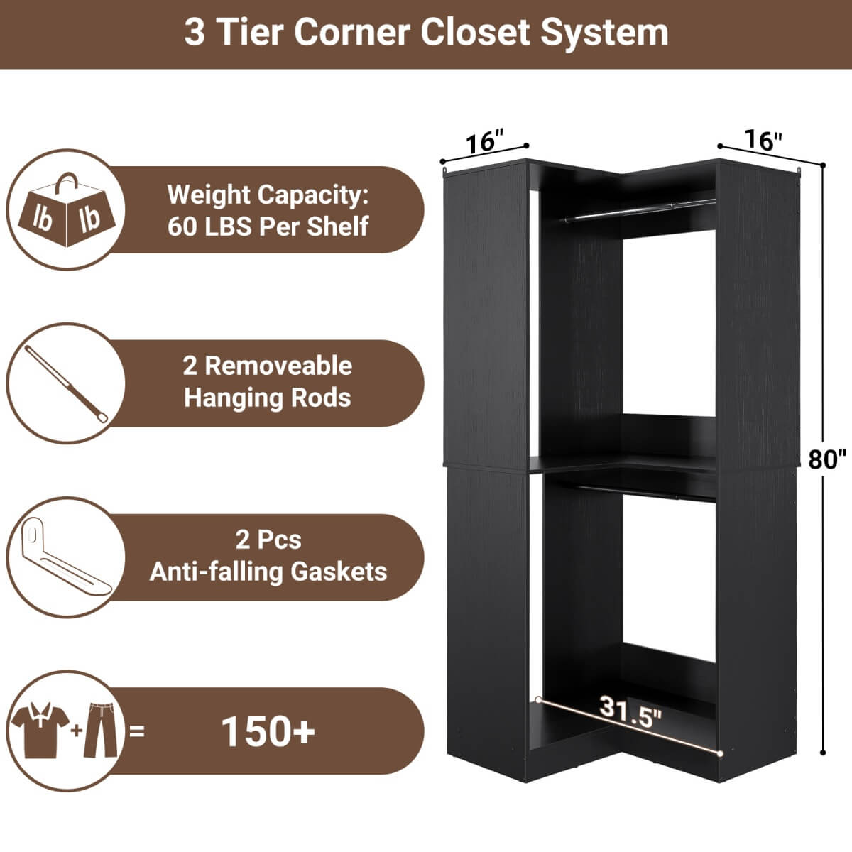32'' Corner Closet System with 2 Hanging Rods and Open Shelves