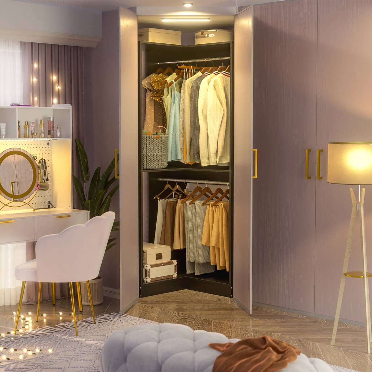 32'' Corner Closet System with 2 Hanging Rods and Open Shelves