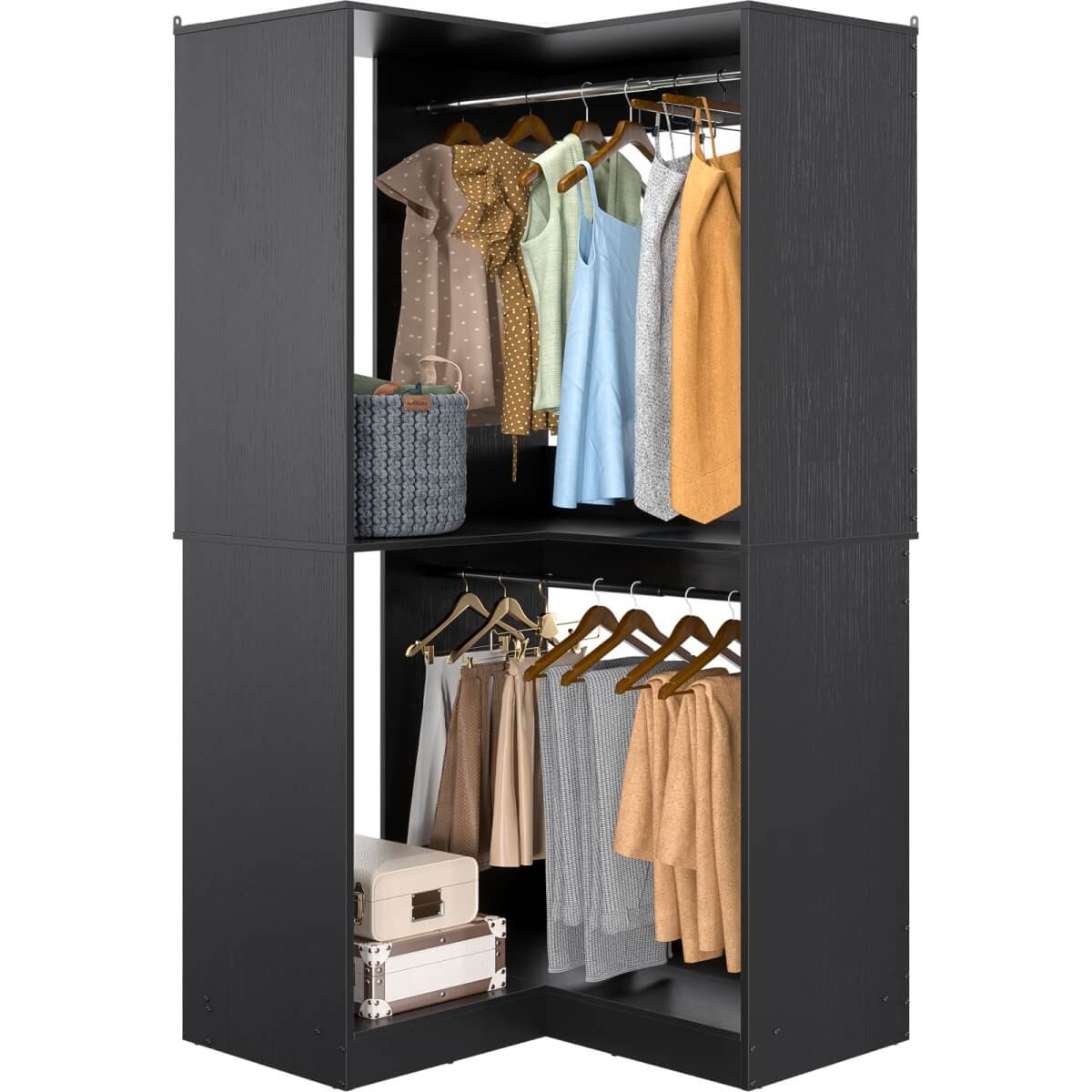 32'' Corner Closet System with 2 Hanging Rods and Open Shelves