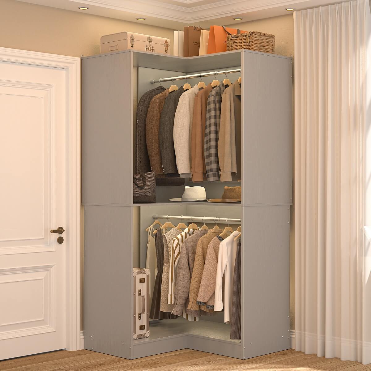 32'' Corner Closet System with 2 Hanging Rods and Open Shelves