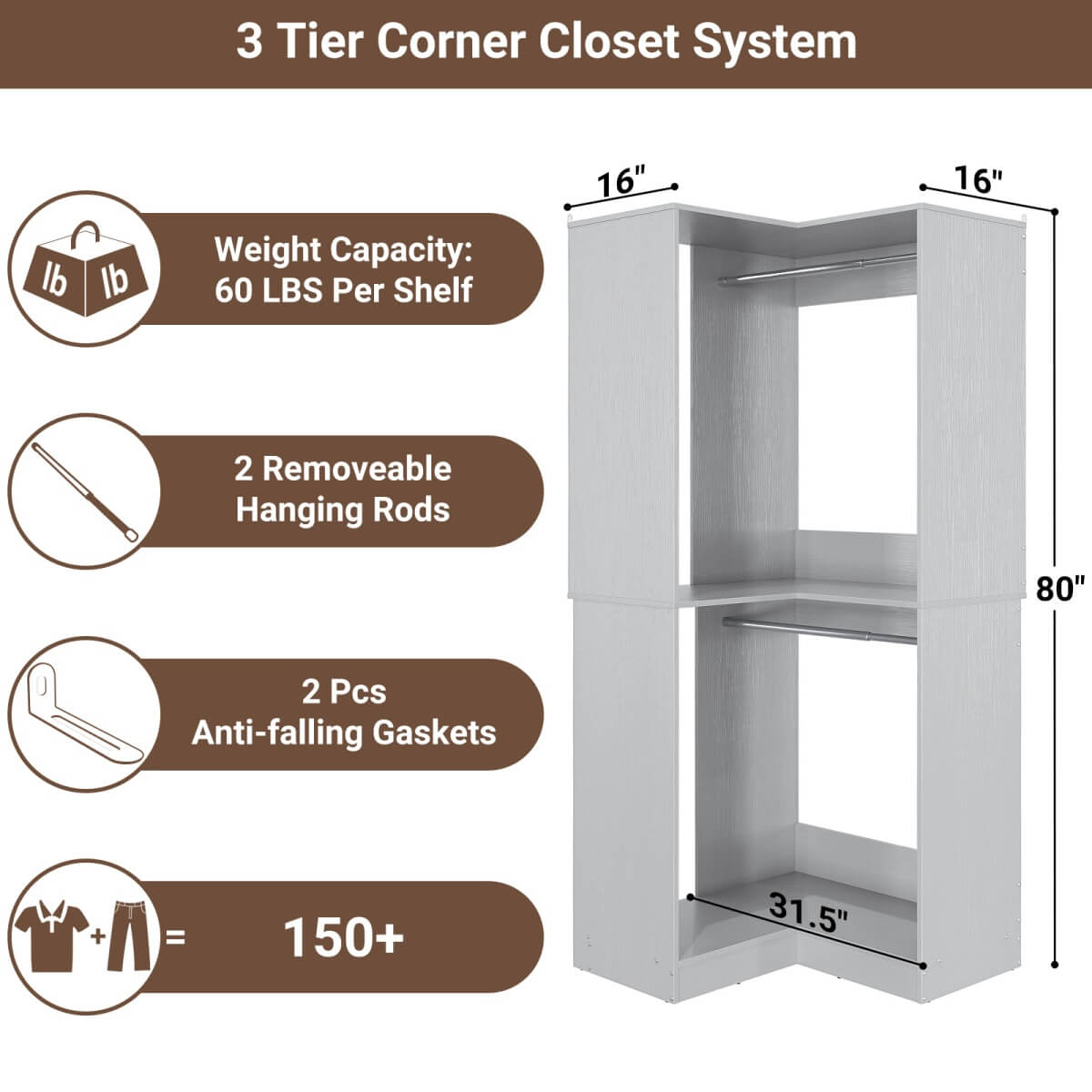 32'' Corner Closet System with 2 Hanging Rods and Open Shelves