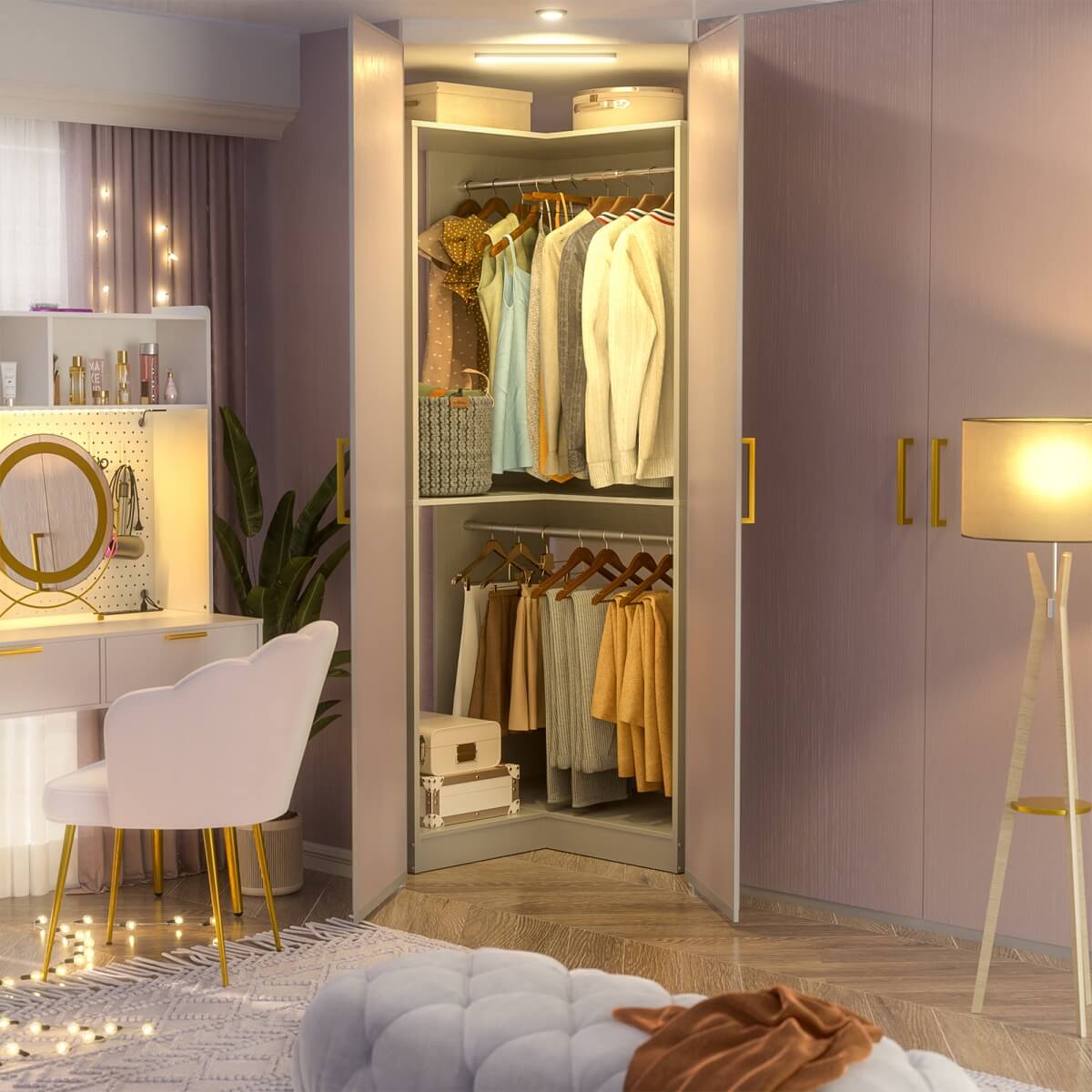 32'' Corner Closet System with 2 Hanging Rods and Open Shelves