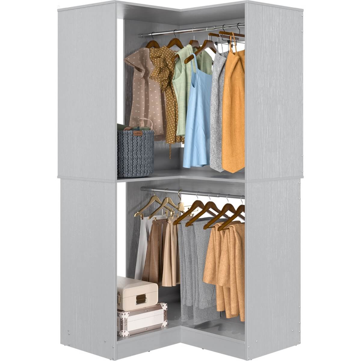 32'' Corner Closet System with 2 Hanging Rods and Open Shelves