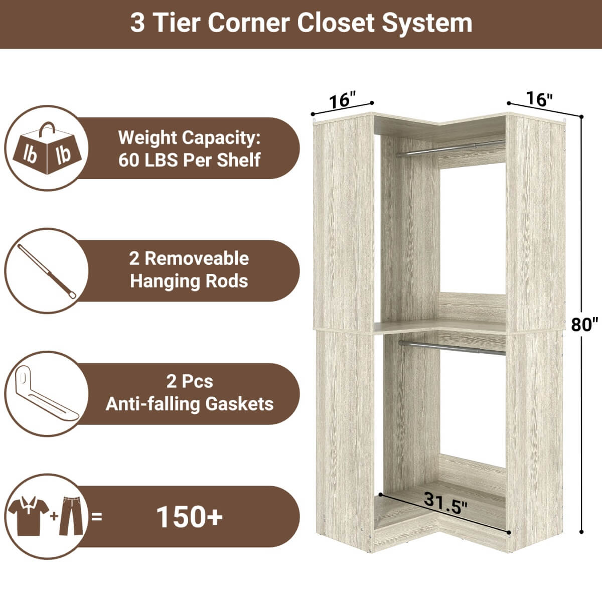 32'' Corner Closet System with 2 Hanging Rods and Open Shelves