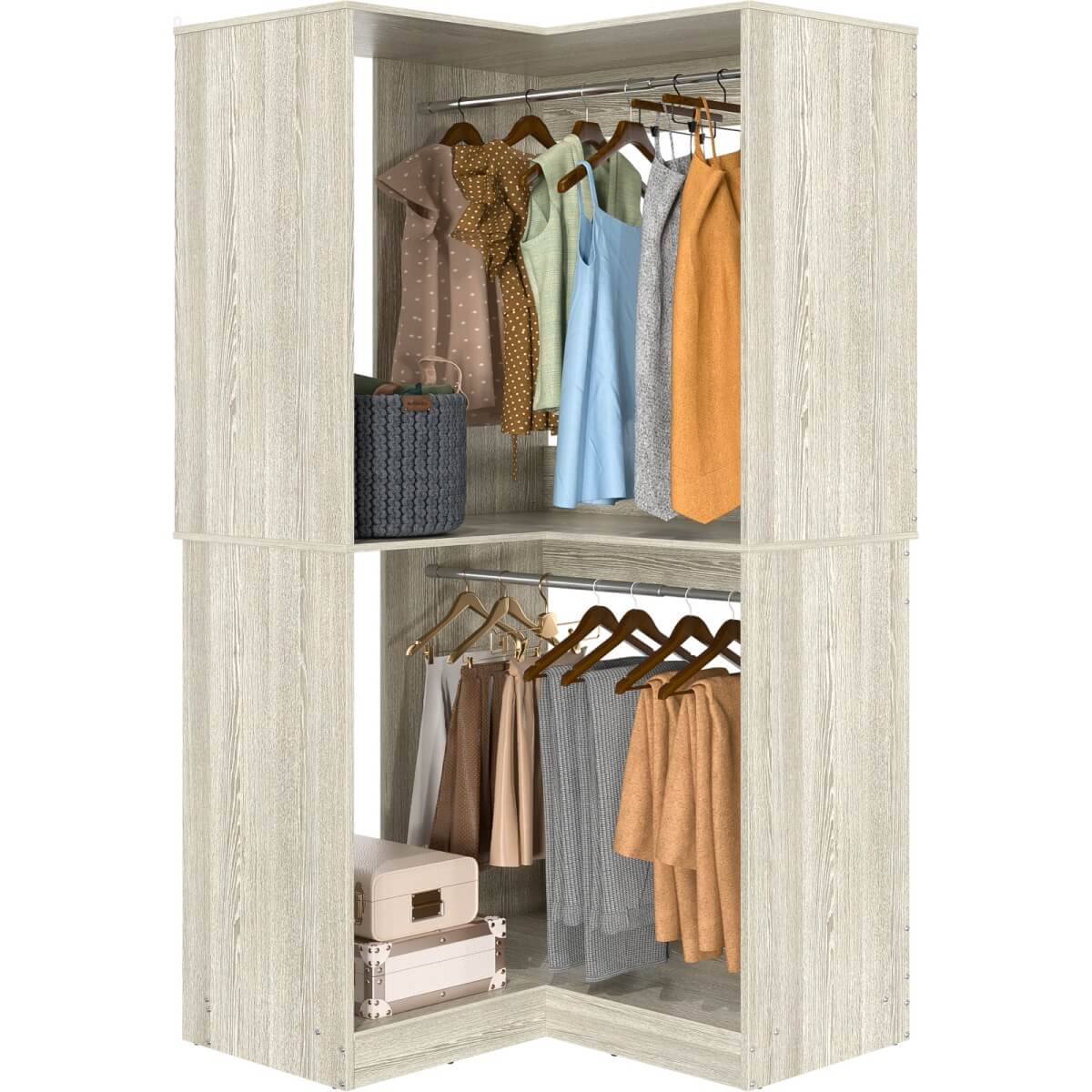 32'' Corner Closet System with 2 Hanging Rods and Open Shelves
