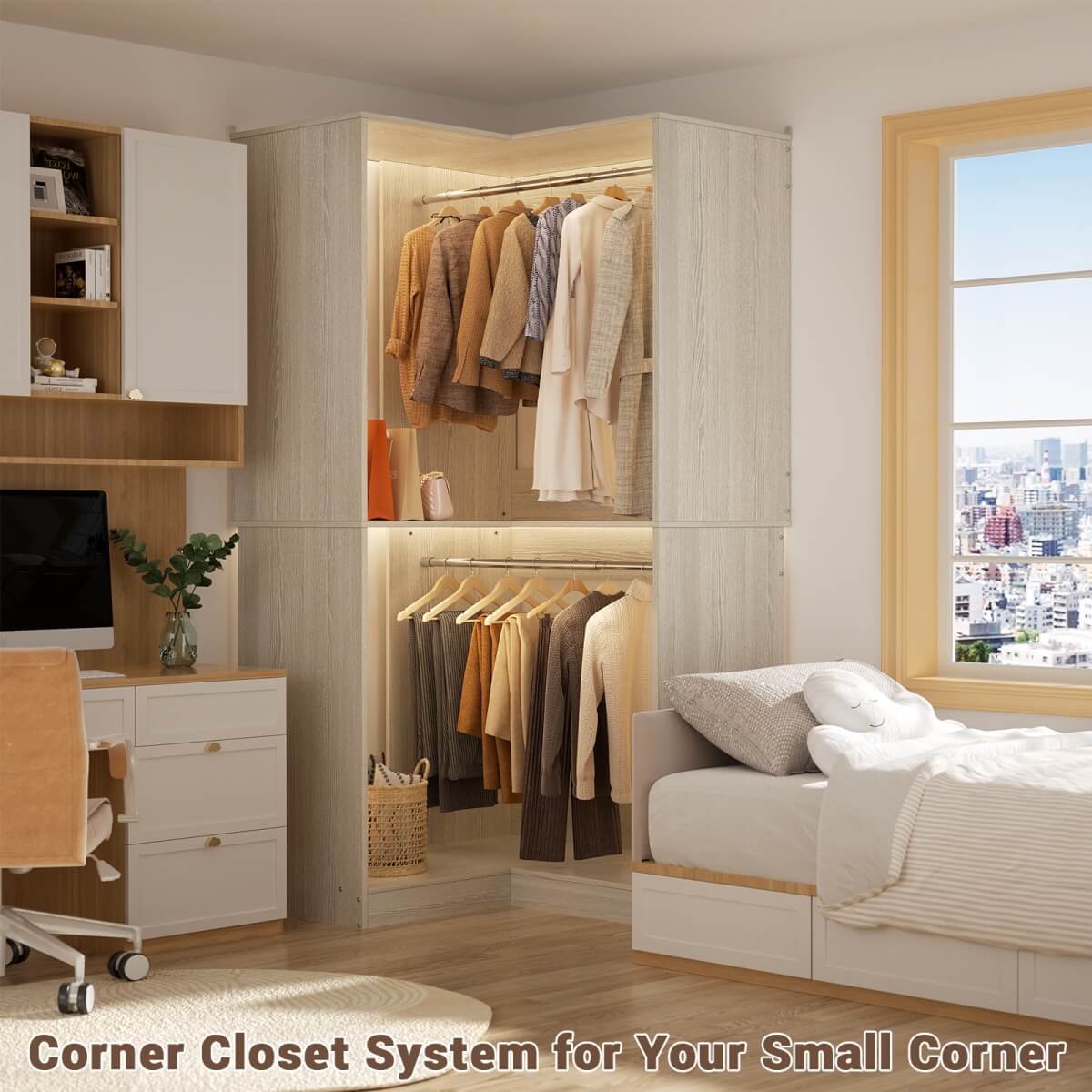 32'' Corner Closet System with 2 Hanging Rods and Open Shelves