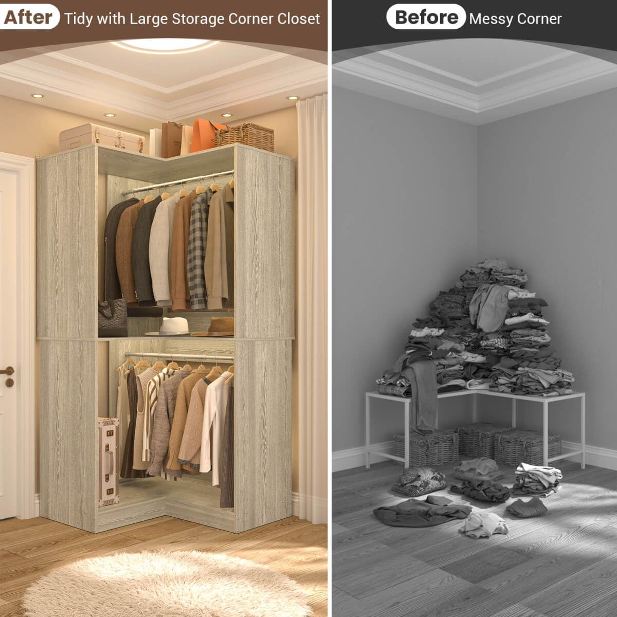 32'' Corner Closet System with 2 Hanging Rods and Open Shelves