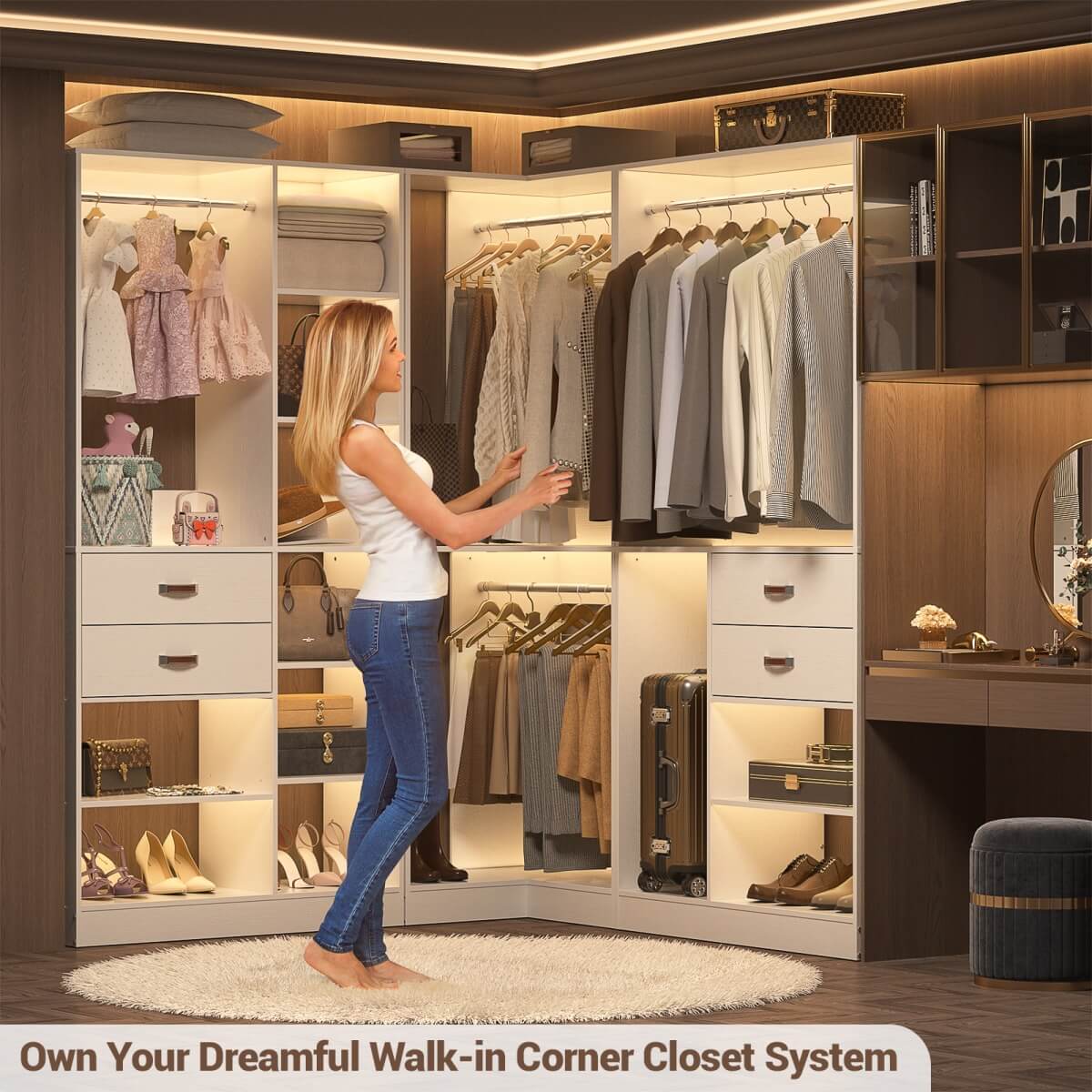 32'' Corner Closet System with 2 Hanging Rods and Open Shelves