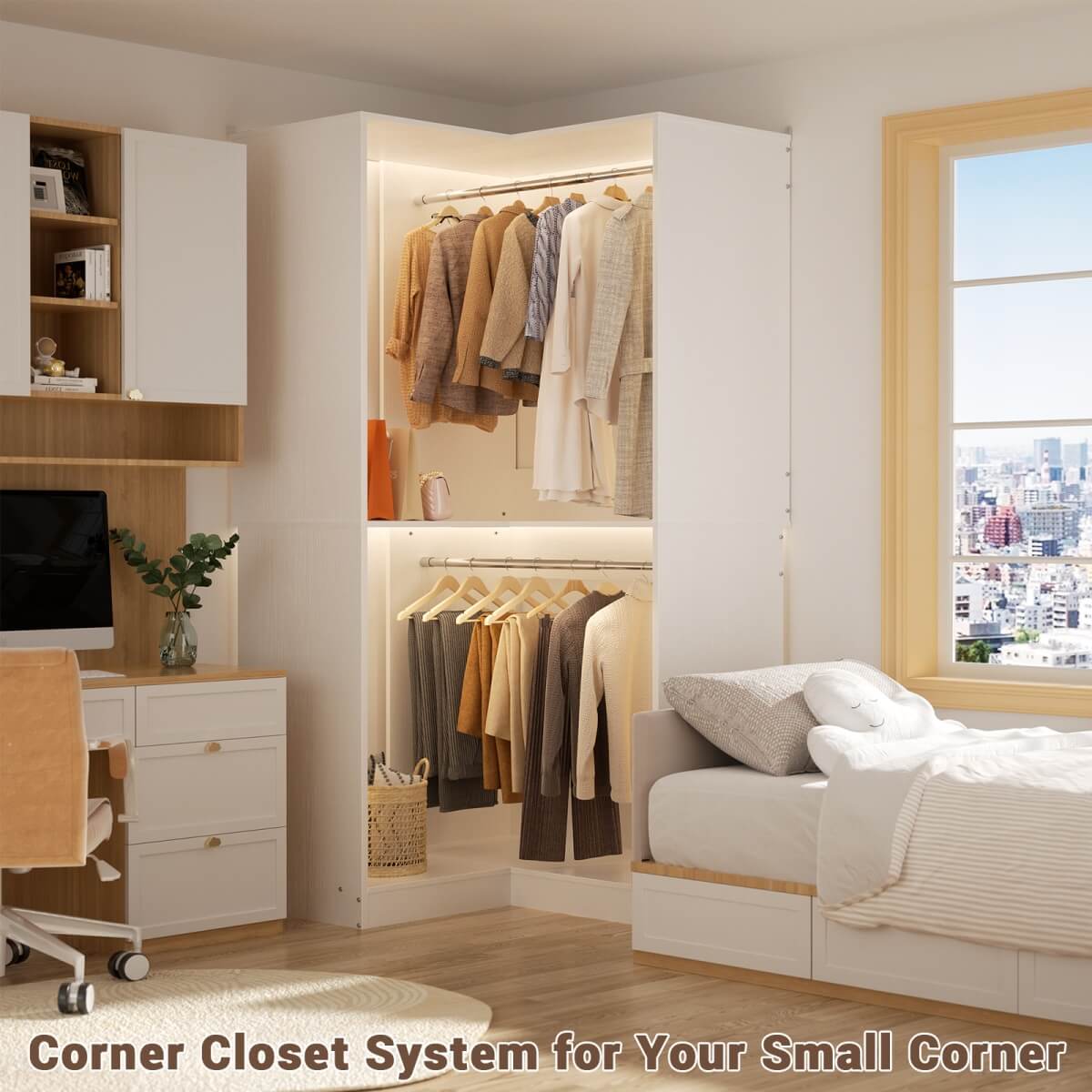 32'' Corner Closet System with 2 Hanging Rods and Open Shelves