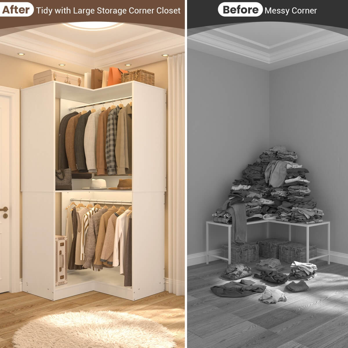 32'' Corner Closet System with 2 Hanging Rods and Open Shelves