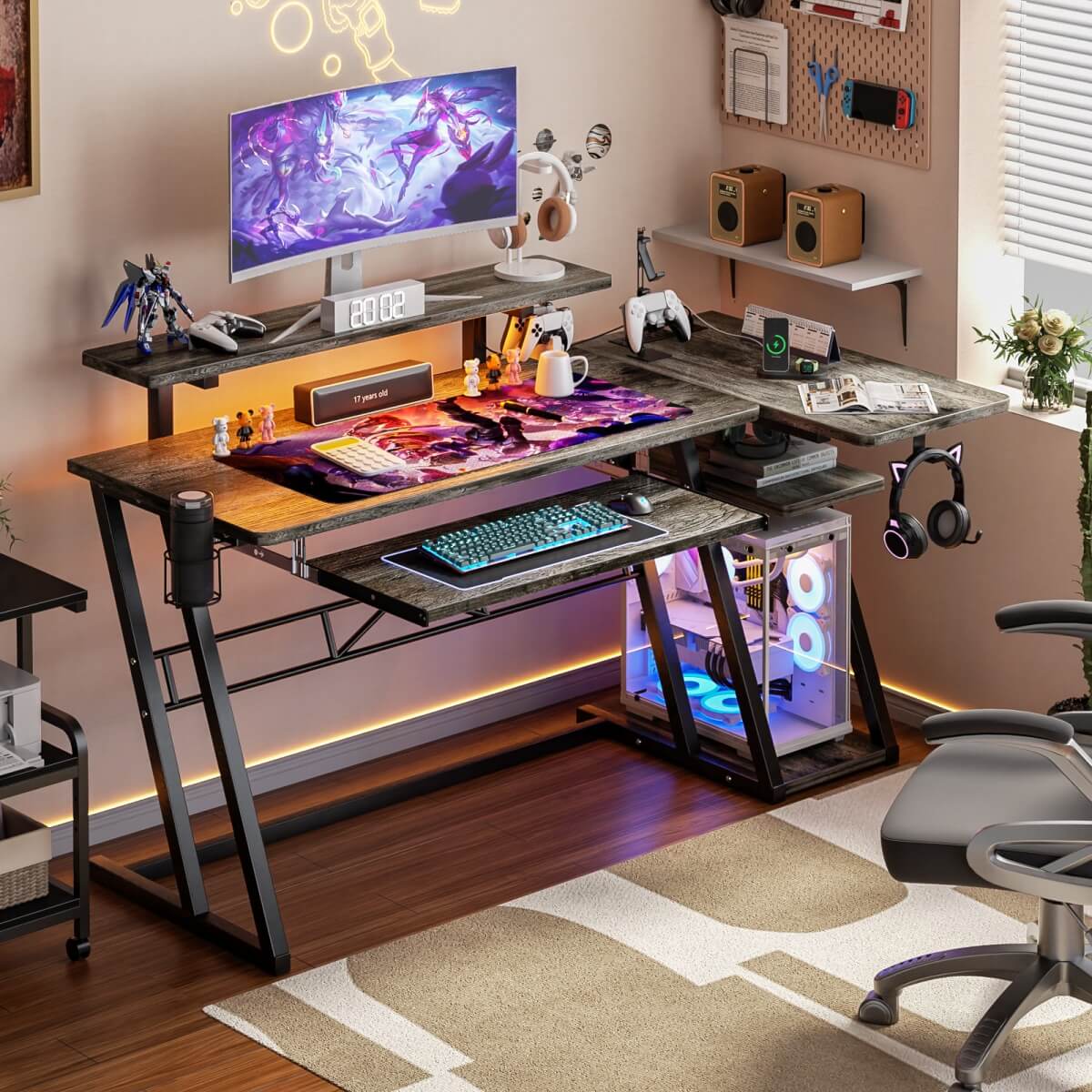 47" Gaming Desk with Keyboard Tray, Power Outlets and LED Lights