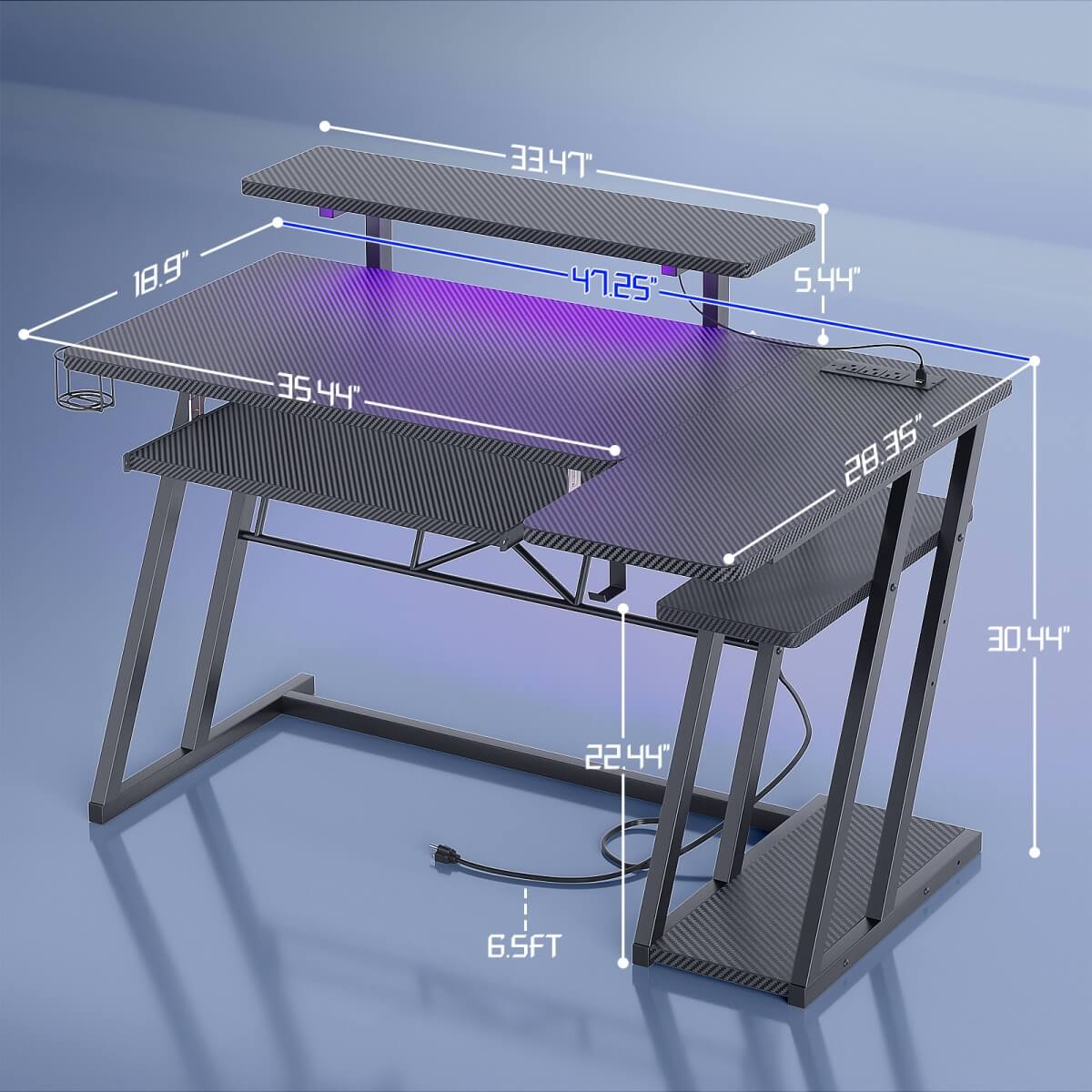 47" Gaming Desk with Keyboard Tray, Power Outlets and LED Lights