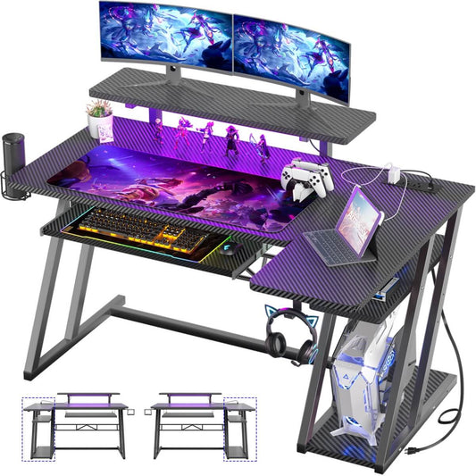 47" Gaming Desk with Keyboard Tray, Power Outlets and LED Lights