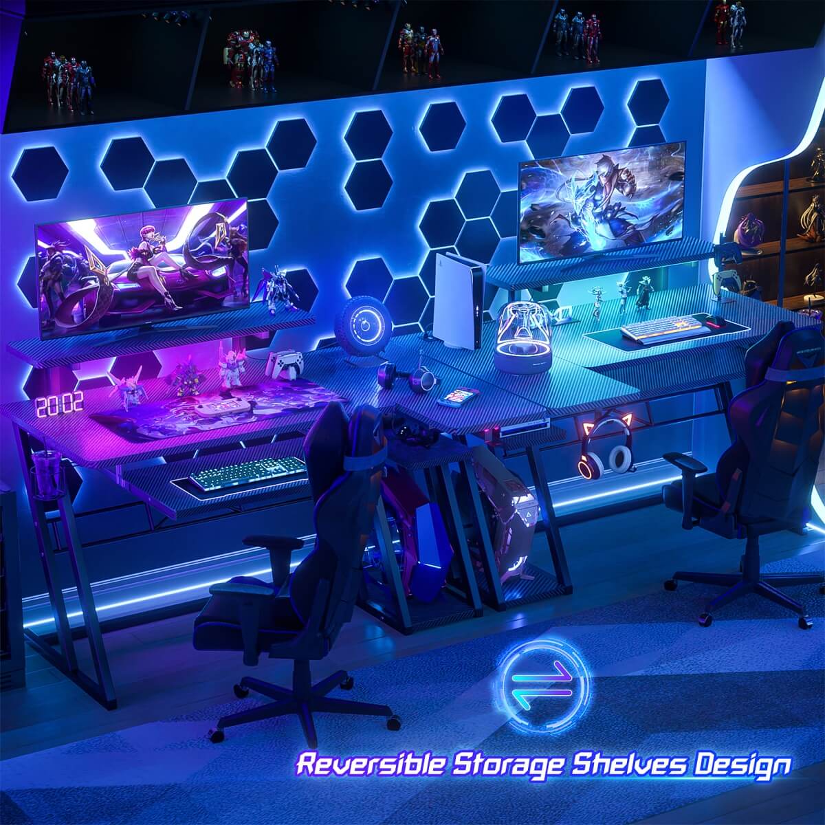 47" Gaming Desk with Keyboard Tray, Power Outlets and LED Lights