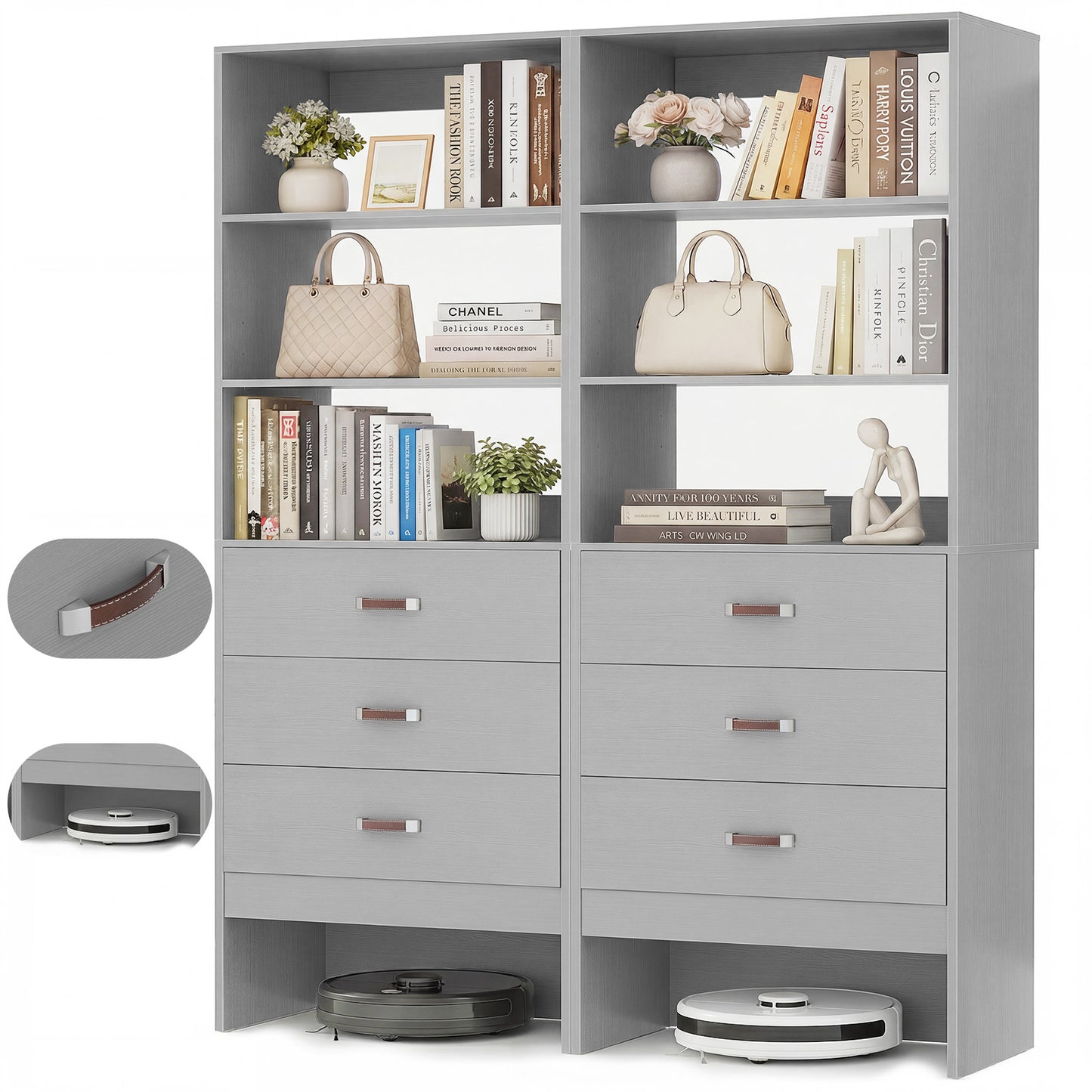 Freestanding 2FT Closet System with Leather Handles, 24" Walk-in Closets Storage Unit with Cabinet, Set of 2