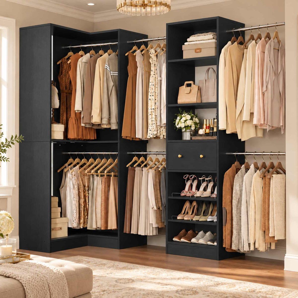6.6-12.4 FT Expandable Corner Closet System Set of 2 with Drawer