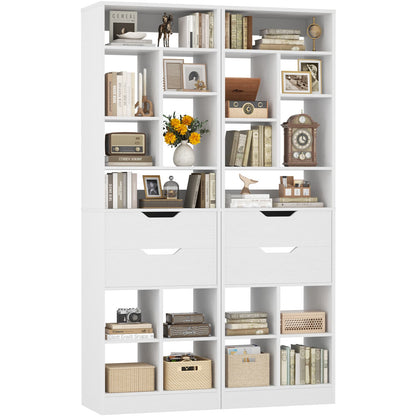 9-Tier Tall Bookshelf with 4 Drawers, 79.7" Narrow Bookcase Set of 2