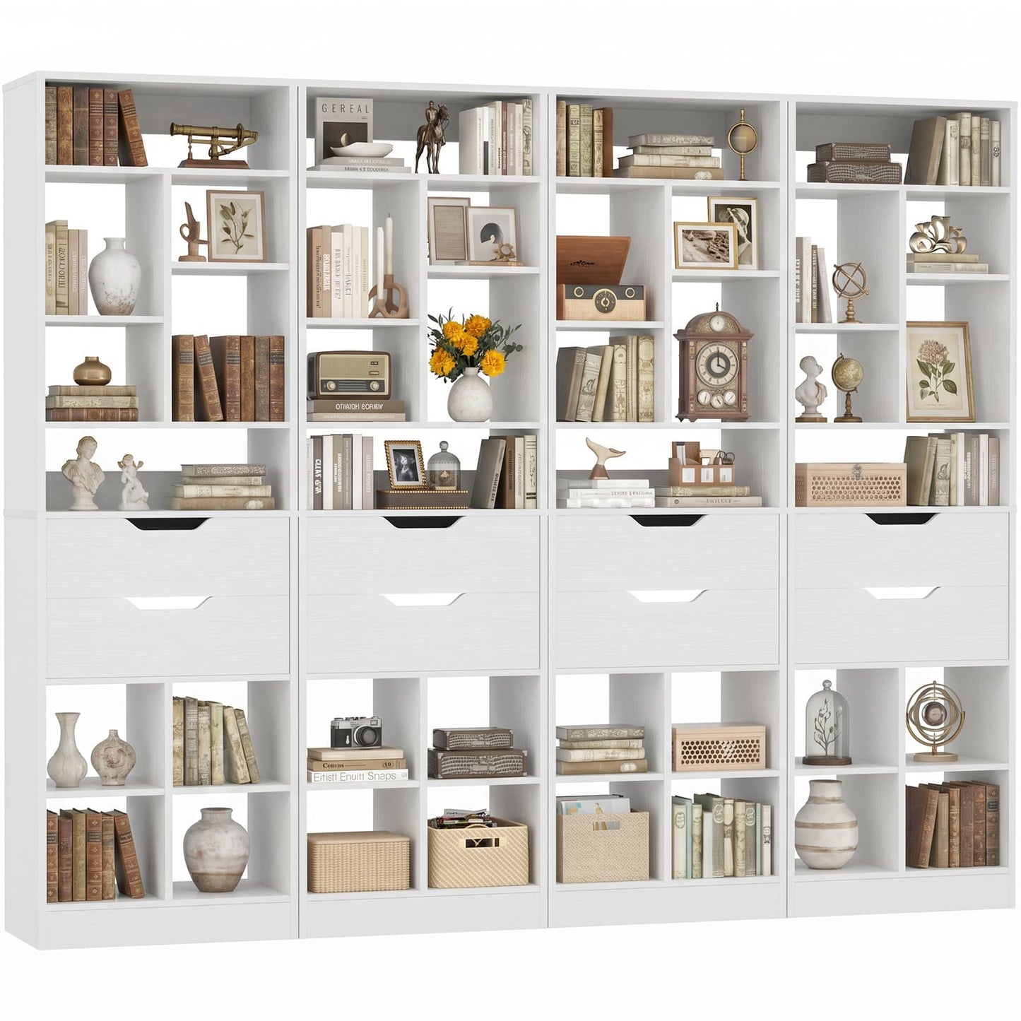 9-Tier Tall Bookshelf with 8 Drawers, 79.7" Narrow Bookcase Set of 4