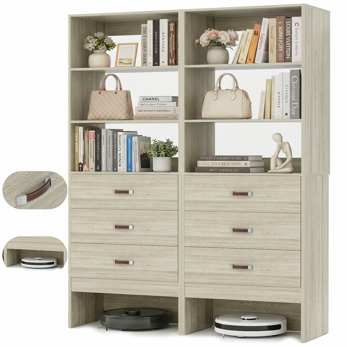 Freestanding 2FT Closet System with Leather Handles, 24" Walk-in Closets Storage Unit with Cabinet, Set of 2