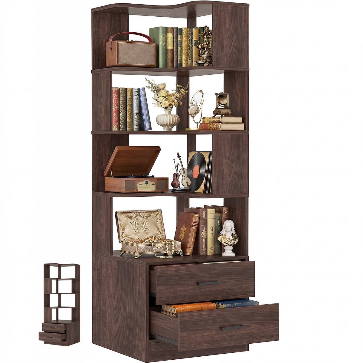 Corner Book Shelf with Drawers, Small Corner Shelf with Drawers