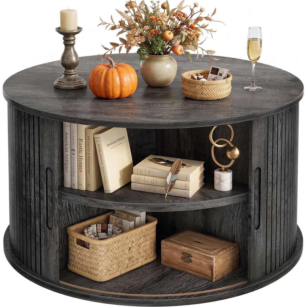 Round Coffee Table with Fluted Tambour Doors and Storage for Living Room