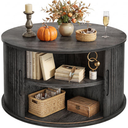 Round Coffee Table with Fluted Tambour Doors and Storage for Living Room