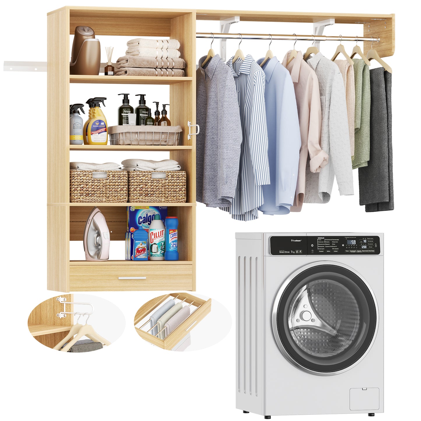 60" Wall Mounted Laundry Room Organization with Pull-out Clothes Drying Rack Drawer, 5FT Over Washer and Dryer Shelves With Hanger Rod