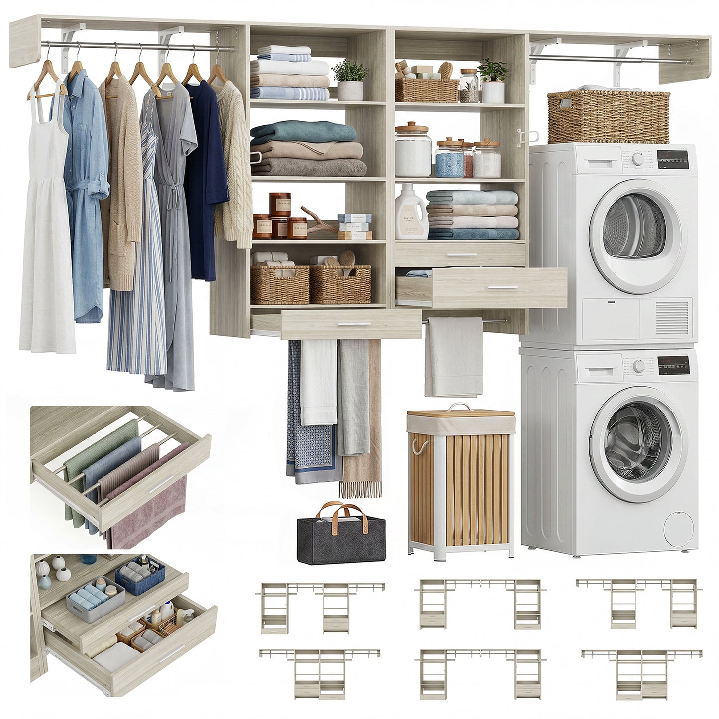 120" Wall Mounted Laundry Room Organization with Pull-out Rack and Pull-out Shelve