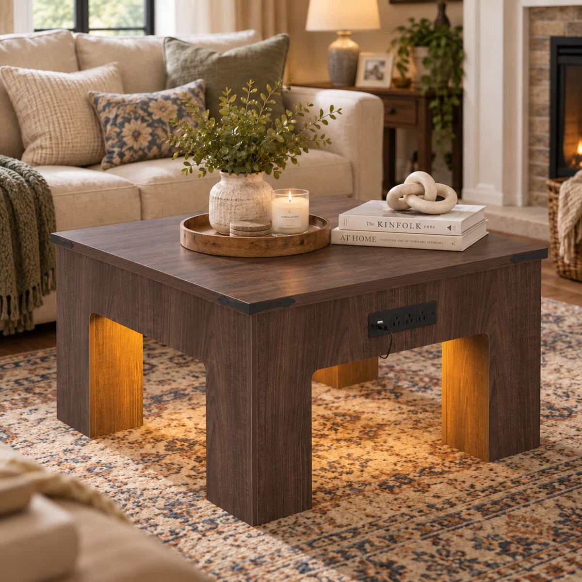 31.5" Square Coffee Table with Charging Station & LED Lights, 1" Thick Top