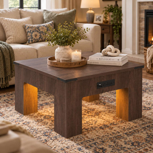 31.5" Square Coffee Table with Charging Station & LED Lights, 1" Thick Top