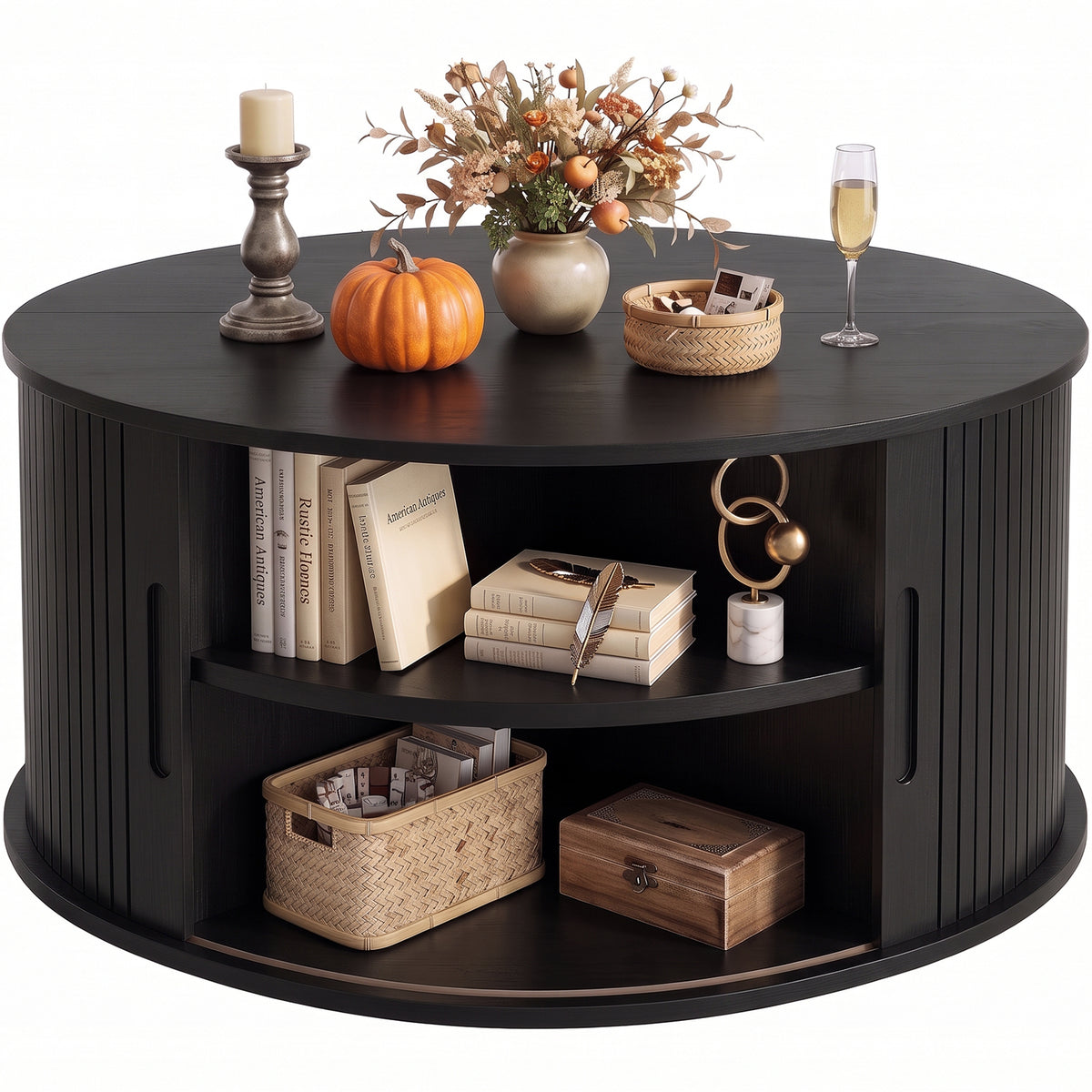 Round Coffee Table with Fluted Tambour Doors and Storage for Living Room