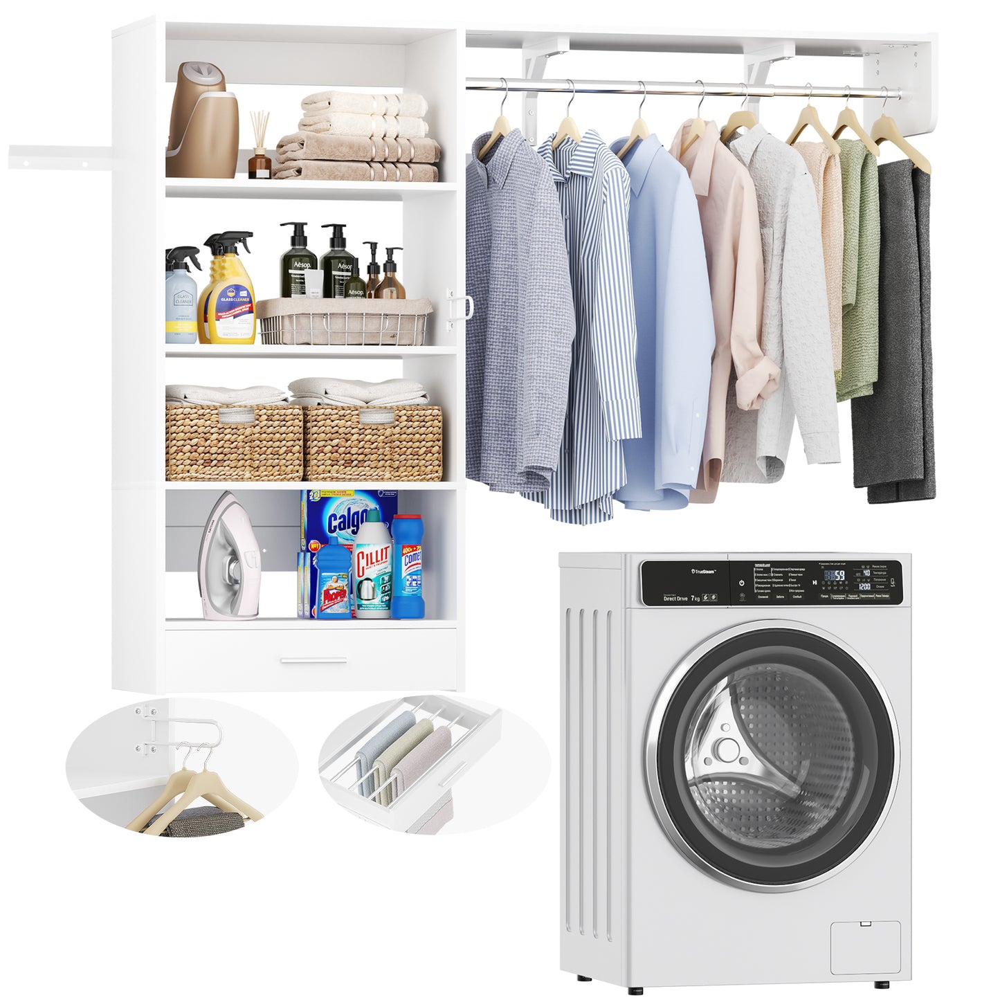 60" Wall Mounted Laundry Room Organization with Pull-out Clothes Drying Rack Drawer, 5FT Over Washer and Dryer Shelves With Hanger Rod