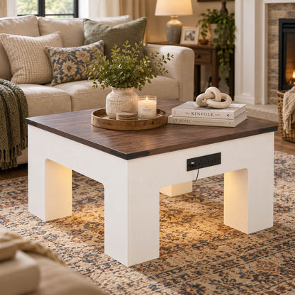 31.5" Square Coffee Table with Charging Station & LED Lights, 1" Thick Top